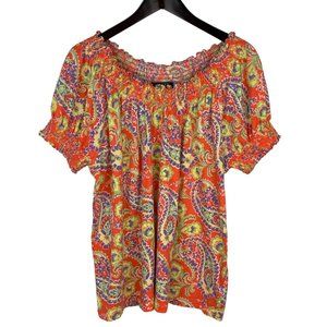 Lauren Ralph Lauren Paisley Stretchy Smocked Trim Blouse Size 2X